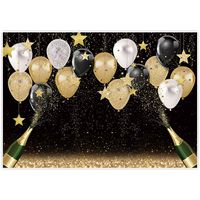 Allenjoy 7x5ft Fabric Black Golden Backdrops Party Decorations Happy Birthday Banner Favors Balloon Glitter Stars Champagne Bachelorette Party Background Supplies Baby Bridal Shower Photo Studio Props