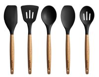 Miusco Silicone Cooking Utensils Set with Natural Acacia Hard Wood Handle, Black, 5 Piece