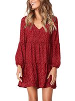 Amoretu Women's Long Sleeve V Neck Loose Swing Tunic Dress Polka Dot Red XL