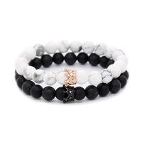 POSHFEEL 8mm Natural Stone CZ Micro Pave Crown King Queen Beads His and Hers Couple Bracelet, Black Matte Agate & Howlite, 7.5"