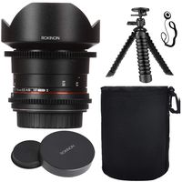 Rokinon DS 14mm T3.1 Cine Lens for Micro Four Thirds w/Lens Hood + Protective Lens Case, Spider Flex Tripod & Other Accessory Bundle