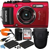 Olympus Stylus TOUGH TG-4 Digital Camera (Red) 10PC Accessory Kit. Includes SanDisk Ultra 16GB Memory Card (SDSDUN-0016G-G46) + 2 Replacement Li-90 Batteries + AC/DC Rapid Home & Travel Charger + MORE