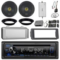 Kenwood KDCBT22 CD Receiver Bundle / 2 Kicker 6.5" Speaker + Motorcycle Speaker Adapters + Amplifier + Dash Kit W/Radio Cover + Handle Bar Conrol for 98-2013 Harley Davidson + Enrock Antenna