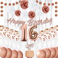 EpiqueOne 16th Birthday Party Decorations - Balloons Party Supplies Kit - Sweet 16 Rose Gold Décor with 2 Silver Curtains, Balloons, Banner, Mylar & Pompons - Royal Event Décor Props for Girls