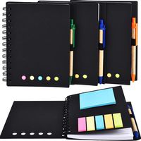 TOODOO 4 Packs Spiral Notebook Lined Notepad with Pen in Holder and Sticky Notes, Page Marker Colored Index Tabs Flags (Black Cover, Large)