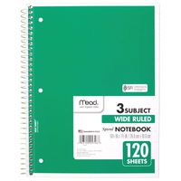 Mead Spiral Notebook, 3 Subject, Wide Ruled Paper, 120 Sheets, 10-1/2" x 7-1/2", Green (72221)