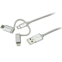 StarTech.com USB Multi Charging Cable - 3.3 ft / 1m - Lightning / USB-C / Micro-USB - Braided - MFi Certified - USB 2.0 - 3 in 1 Charging (LTCUB1MGR)