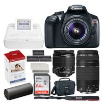 Canon EOS Rebel T6 DSLR Camera + EF-S 18-55mm & EF 75-300mm Lens + 32GB Memory Card + Canon SELPHY CP1300 Photo Printer (White) + Canon KP-108IN Color Ink and Paper Set + Extra Printer Battery