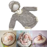 Baby Photography Props Lace Hats Rompers Newborn Girl Photo Shoot Outfits Hat Set Infant Princess Costume (Gray)