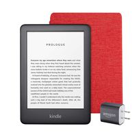 Kindle Essentials Bundle including All-new Kindle, now with a built-in front light, Black - with Special Offers, Kindle Fabric Cover - Punch Red, and Power Adapter