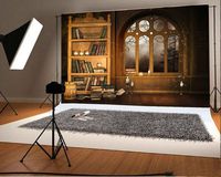 Laeacco 7x5FT Vinyl Backdrop Photography Background European Retro Library Bookshelf Study Mural Room Interior Scene Background Books Candle Window Moonnight Halloween Backdrop Photo Studio Props