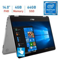 2019 Asus VivoBook Flip 14.0'' 2-in-1 360° Hinge Touch FHD (1920 x 1080) Laptop PC, Intel Quad Core Pentium N5000 up to 2.7GHz, 4GB RAM, 64GB eMMc, Bluetooth, Fingerprint Reader, Windows 10