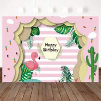 Mehofoto Happy Birthday Backdrop Pink and White Stripes Cute Flamingo Background Tropical Palm Cactus 7x5ft Vinyl Kids Birthday Party Decoration Banner Photography Backdrops