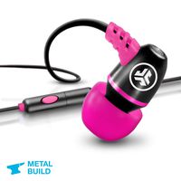 JLab Audio Metal Wired Rugged Earbuds | Titanium 8mm Drivers | Universal Mic for iPhone & Android | Noise Isolation | Cable Clip | IP55 Sweat Proof Rating Extra Gel Tips & Cush Fins | Black / Pink