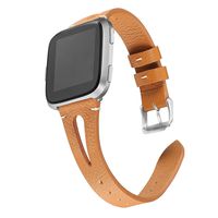 bayite Leather Bands Compatible with Fitbit Versa/Versa 2, Slim Wristband with Ventilated Hole Replacement Accessories Strap Versa Women Men, Brown