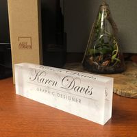 Artblox Office Desk Name Plate Personalized | Custom Name Plates for Desks on Acrylic Glass Decor | Office Desk Decor Nameplate | Desk Accessories | White Marble Design - (8"x2.5")
