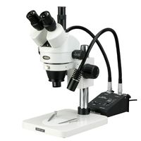 AmScope SM-1TSW2-L6W Professional Trinocular Stereo Zoom Microscope, WH10x and WH25x Eyepieces, 3.5X-225X Magnification, 0.7X-4.5X Zoom Objective, 6W Dual-Gooseneck LED Light, Pillar Stand, 85V-265V, Includes 0.5X and 2.0X Barlow Lenses