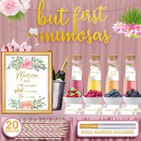 Mimosa Bar Sign But First Mimosas - Gold foil poster,4 Bottle Tags, 20 Striped Paper Straws, 4 Table Cards & a Gold Marker - Super Set for bridal/baby shower, brunch decorations
