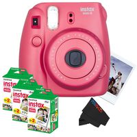 Fujifilm Instax Mini 8 Instant Film Camera (Raspberry) + (3) Fujifilm INSTAX Mini Instant Film (Twin Pack) + PixiBytes Exclusive Cleaning Cloth
