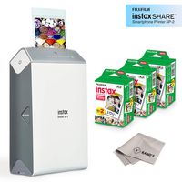 Fujifilm Instax Share Smartphone Printer SP2 (Silver) + Fuji Instax Mini Twin Pack Instant Film (60 Sheets) + Microfiber Cleaning Cloth - Mega Value Instant Printer Bundle