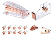 Modernlife Rose Gold Acrylic Stapler Bundle, Stapler and Staple Remover, Tape Dispenser, with 1000 Pcs Rose Gold Staples, 10 Pcs Binder Clips
