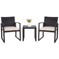 SUNLEI Outdoor 3-Piece Bistro Set Black Wicker Furniture-Two Chairs with Glass Coffee Table (Beige Cushion)