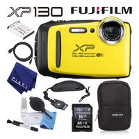 Fujifilm FinePix XP130 Waterproof Digital Camera (Yellow) Basic Accessory Bundle with 16GB Memory Card + Camera Case + Padded Wrist Strap + Deluxe Cleaning Kit + More