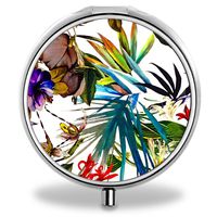 Lovely Pattern Travel Portable 3 Grid Stainless Steel Storage Box Small Round Medicine Drug Pill Case Container with 3 Compartments (Leaves)