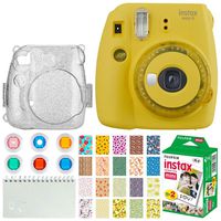Fujifilm Instax Mini 9 Instant Camera + Fujifilm Instax Mini Twin Pack Instant Film (20 Exposures) + Glitter Hard Case + Colored Filters + Album (White) + Sticker Frames Nature Package (Yellow)
