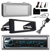 Kenwood KMR-D765BT Marine Radio Stereo Receiver - 1998 2013 Harley Davidson Motorcycle Touring Flht Flhx Flhtc Bundle With Metra Adapter Dash Kit + Radio Cover + Steering Control + Enrock Wire Antenna