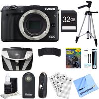 Beach Camera Canon EOS M3 24.2MP Digital Camera Body 32GB Bundle Includes Camera, 32GB Card, Reader, Wallet, Tripod, Bag, Remote Control, Screen Protectors, DVD, HDMI Cable, Cleaning Kit Cloth