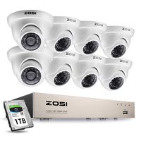 ZOSI 8CH 1080P Security Camera System with Hard Drive 1TB H.265+ 8 Channel Full True 1080P HD-TVI DVR Recorder and 8pcs 1080P HD Weatherproof CCTV Dome Cameras System, 65ft Night Vision