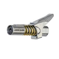 LockNLube Grease Gun Coupler locks onto Zerk fittings. Grease goes in, not on the machine. World's best-selling original locking grease coupler. Rated 10,000 PSI. Long-lasting rebuildable tool.