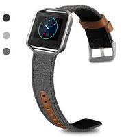 SKYLET Compatible with Fitbit Blaze Leather Band with Silver Frame, Canvas Fabric Genuine Leather Replacement Wristband Compatible with Fitbit Blaze Men Women Large Small (No Tracker)