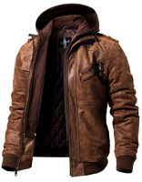 FLAVOR Men's Leather Motorcycle Jacket with Removable Hood Brown Pigskin (Medium Tall, Brown)