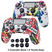 PS4 Controller Skins - Silicone Cover Skin for Dualshock 4 Controller with PS4 Thumb Grips x 8 - Water Transfer Printing Silicone Protector Case Set for PS4, PS4 Slim, PS4 Pro