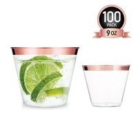 100 Rose Gold Plastic Cups 9 Oz | Bonus 5oz Cups | Disposable Wedding Cups | Clear Plastic Cups | Old Fashioned Tumblers | Rose Gold Rimmed Cups | Fancy Elegant Party Cups with Rose Gold Rim
