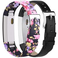 Tobfit Leather Bands Compatible with Fitbit Alta/Alta HR Bands, Genuine Leather Replacement Wristbands, (Black+Pink Floral, 5.5''-8.1'')