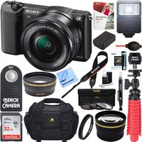 Sony Alpha a5100 HD 1080p Mirrorless Digital Camera Black + 16-50mm Lens Kit + 32GB Accessory Bundle + DSLR Photo Bag + Extra Battery + Wide Angle Lens + 2x Telephoto Lens + Flash + Remote + Tripod