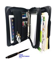Padfolio 3-Ring Binders, Folder File Divider Organizer Planner Trave Briefcase Portfolio w/Smart Handle & Double Zippered Closure (Upgraded-Faux Leather (Black)-DC3063)