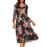 Womens Dresses Hot Sale,DEATU Ladies Autumn 3/4 Flare Sleeves Print Sexy Dress(Black ,XL)