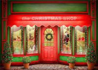 7X5FT Red Christmas Gift Shop Photography Background Display Window Christmas Tree Garland New Year Party Holiday Banner Backdrops Kid Baby Child Xmas Vinyl Background Photo Shoot Studio Props