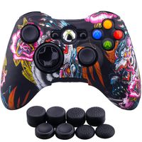 9CDeer 1 Piece of Silicone Water Transfer Protective Sleeve Case Cover Skin + 8 Thumb Grips Analog Caps for Xbox 360 Controller, Black Dragon