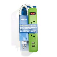 Bright-Way Grounded Power Strip - 3 Outlet, 2 USB - Green