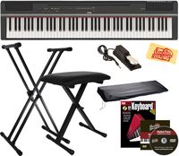 Yamaha P-125 Digital Piano - Black Bundle with Adjustable Stand, Bench, Sustain Pedal, Dust Cover, Instructional Book, Austin Bazaar Instructional DVD, and Polishing Cloth
