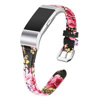 bayite Bands Compatible with Fitbit Charge 2, Slim Genuine Leather Band Replacement Accessories Strap Charge2 Women Men, Black/Pink Floral Large