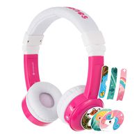 BuddyPhones Inflight, Volume-Limiting Kids Headphones, 3 Volume Settings of 75, 85 and 94 dB, Includes Travel Mode, Perfect for Airplanes, Trains and Cars, Built-in Audio Sharing Cable, Pink
