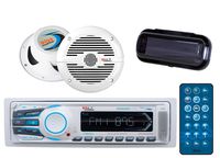 Boss MR1308UAB Bluetooth USB/SD Stereo Receiver Bundle Combo with Boss MR50B 5.25'' 150 Watt 2-Way Weather Proof White Coaxial Marine Speaker + Boss Mrc5B Universal Marine Waterproof Radio Cover