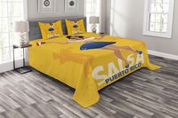 Lunarable Puerto Rico Bedspread, Salsa Dancing Girl with Maracas Trombonist and Trumpeter Silhouette on Backdrop, Decorative Quilted 3 Piece Coverlet Set with 2 Pillow Shams, King Size, Marigold