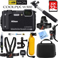 Nikon COOLPIX W300 16MP 4k Ultra HD Waterproof Digital Camera Black (26523) with 32GB Memory Card, Cleaning Kit, BLTCHM1 Clip Head Mount Kit, Yellow Floating Bobber Handle & More